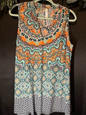 Honeyme Orange & Teal Sleeveless V-Neck Tank Tunic